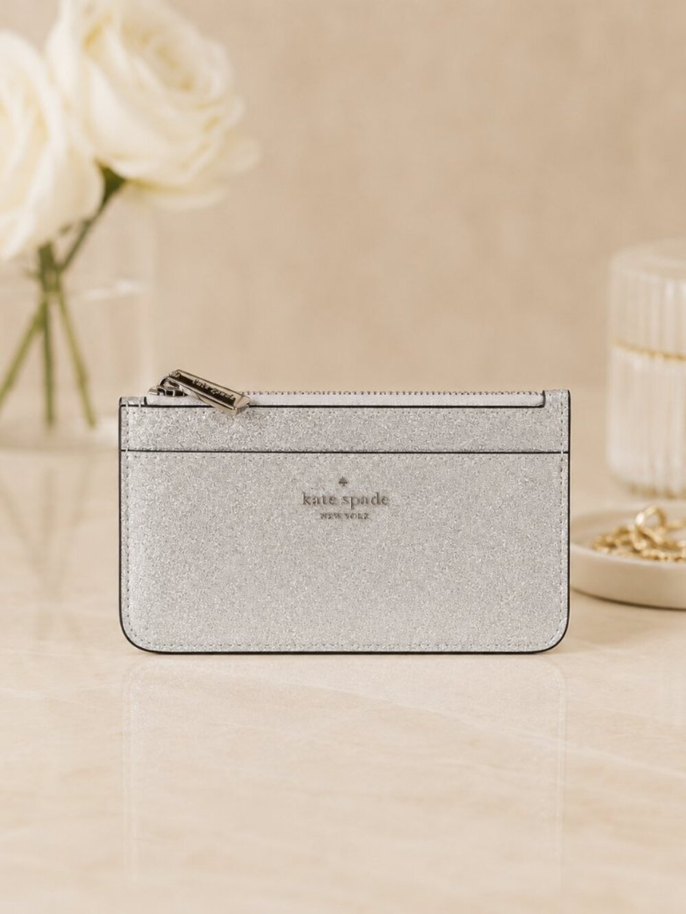 Kate Spade Silver Glitter Slim Zip Wallet Pouch NWT